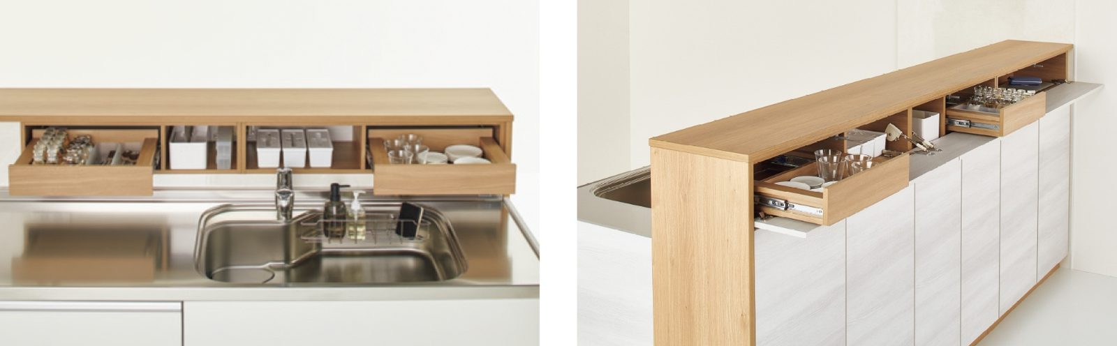 CLEANUP STEDIA DUALTOP 雙檯面對面高檯型廚房，餐廳側設有可拉開的雙面抽屜