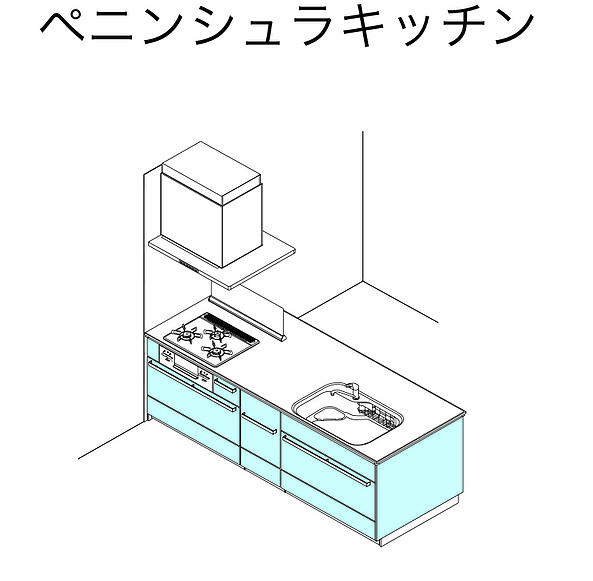 半島型廚房示意：單側靠牆