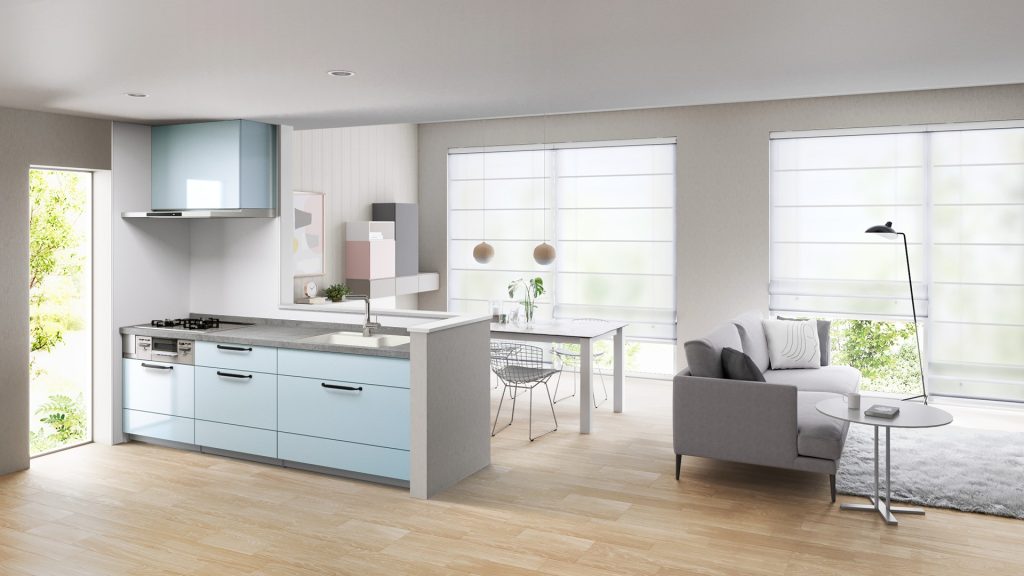 現代風客餐廳搭配明亮藍灰色廚具