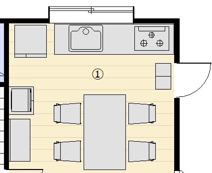 改造前平面圖：靠牆式廚房，家電沒有位置、餐具櫃又遠