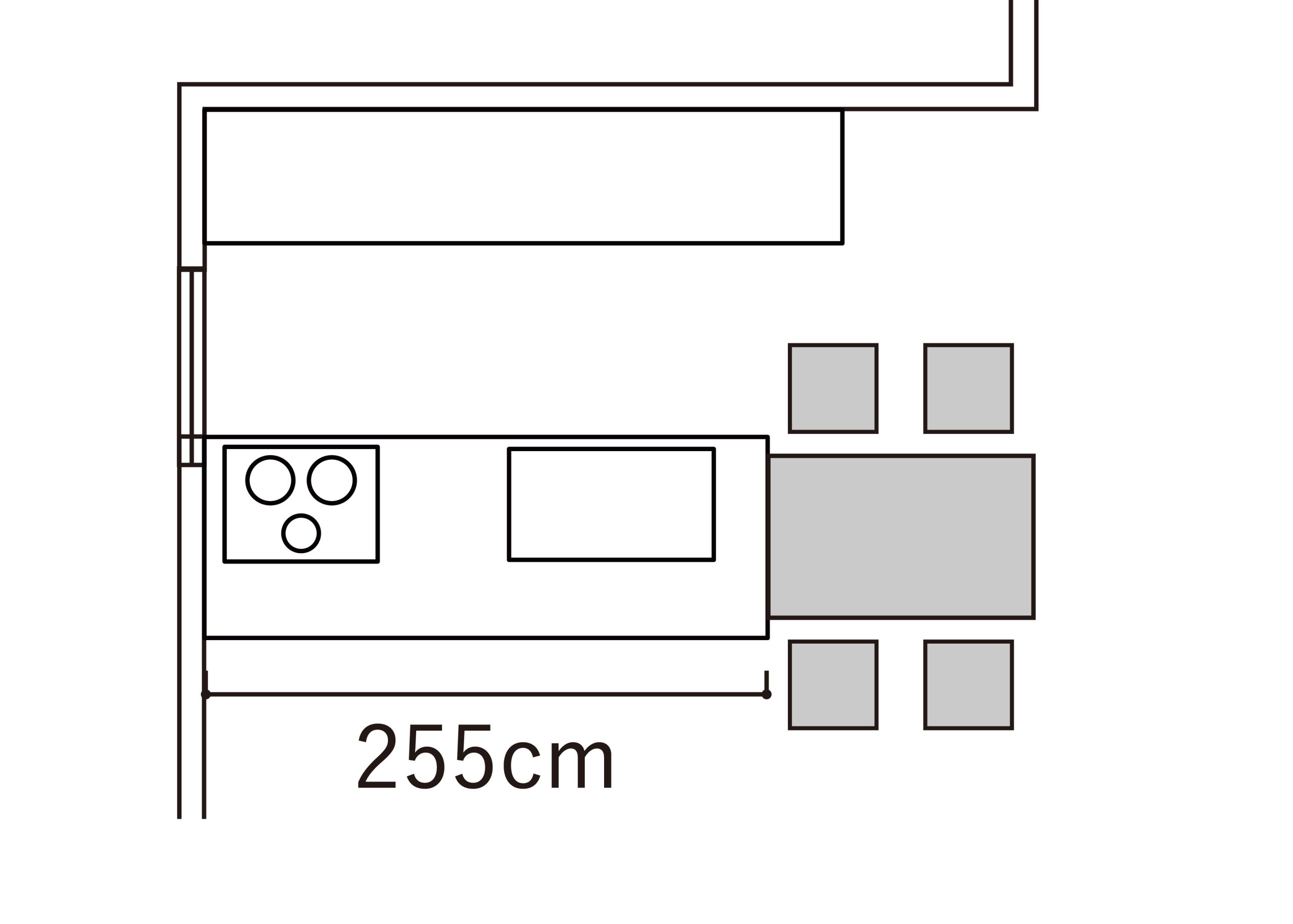 一字型廚房面寬約 255cm 與餐桌並排的示意圖
